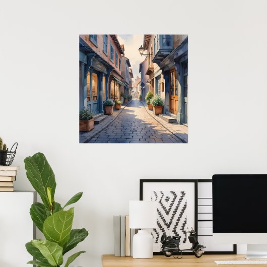 Aquarelle Style Cobblestone Shoppes Poster (Bureau à domicile)