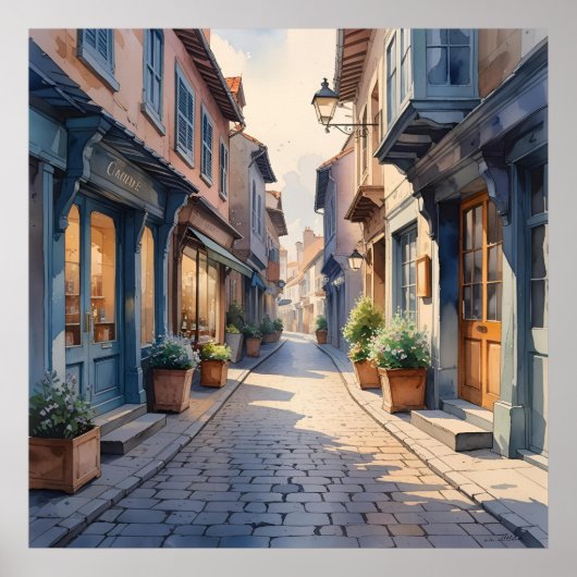 Aquarelle Style Cobblestone Shoppes Poster (Devant)