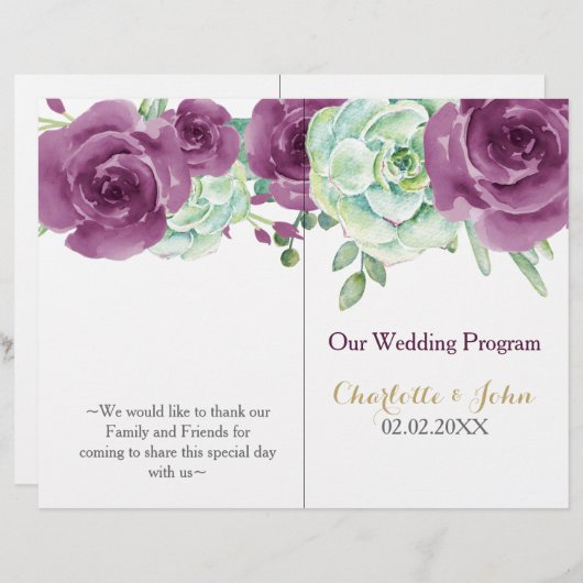 aquarelle succulent prune programme de mariage ros (Devant / Derrière)