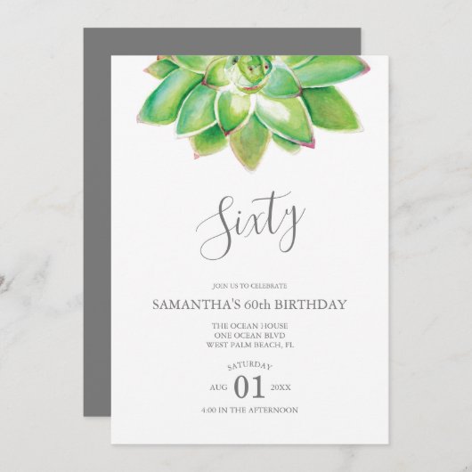 Aquarelle Succulente 60e Invitation anniversaire (Devant / Derrière)