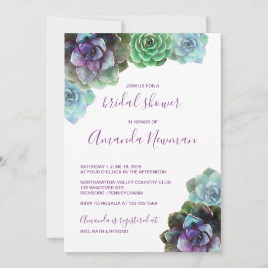 Aquarelle Succulente | Invitation de douche nuptia (Devant)