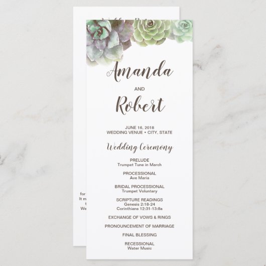 Aquarelle Succulente | Programme de mariage (Devant / Derrière)