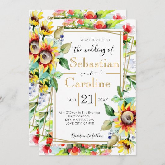 Aquarelle Sunflower Faire-part de mariage doré (Devant / Derrière)
