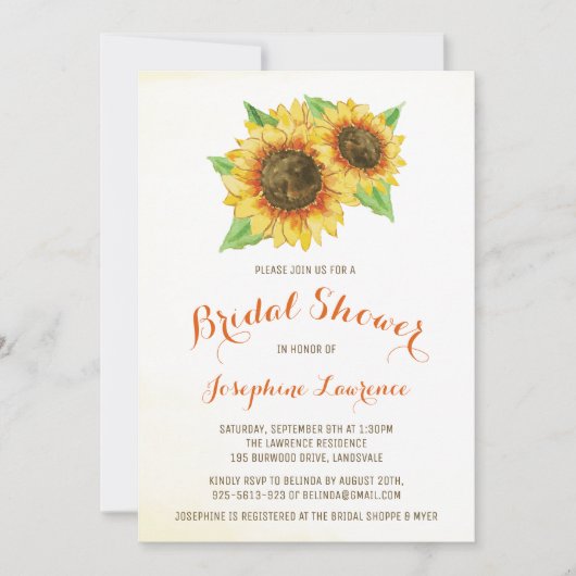 Aquarelle Sunflowers Invitations de douche nuptial (Devant)