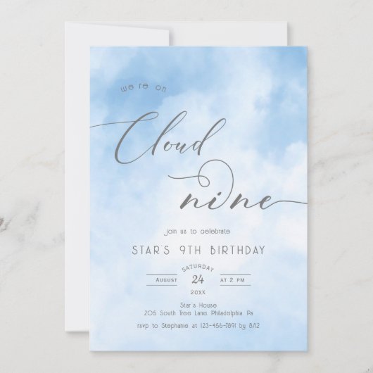 Aquarelle sur nuage 9 9e Invitation anniversaire (Devant)