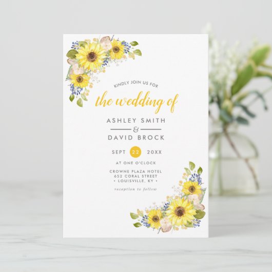 Aquarelle tournesol Faire-part de mariage rustique (Debout devant)