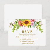 Aquarelle Tournesol Floral Gold Wedding RSVP (Devant / Derrière)
