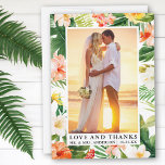 Aquarelle Tropical Coral Floral Amour et Merci<br><div class="desc">Elégante aquarelle Corail tropical Floral,  Verdure et Palm Feuille Mariée et Groom Amour et Merci Mariage Photo Carte de remerciements</div>