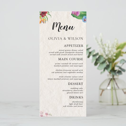 Aquarelle Tropical Mariage Flat Menu (Debout devant)