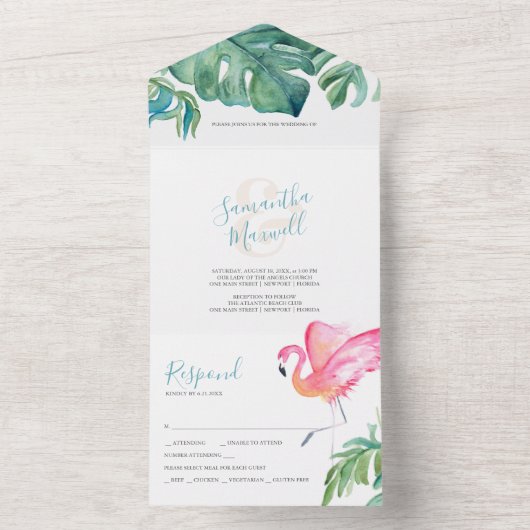 Aquarelle tropicale Mignonne Mariage Invitations (À l'intérieur)