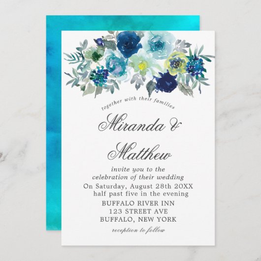 Aquarelle Turquoise bleue Peony Mariage Invitation (Devant / Derrière)