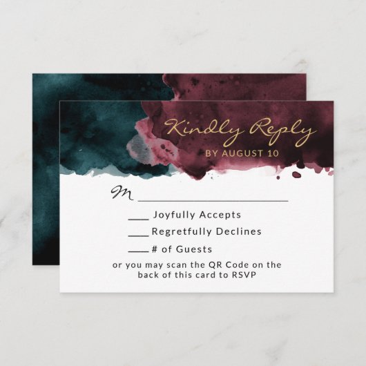 Aquarelle turquoise et Bourgogne Code QR RSVP (Devant / Derrière)