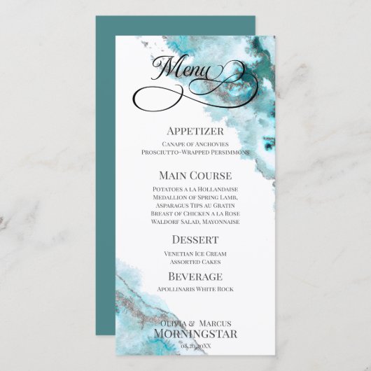 Aquarelle Turquoise moderne Argent Moss Agate Menu (Devant / Derrière)