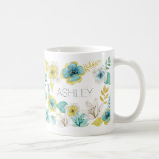 Aquarelle turquoise or Nom floral Mug cadeau