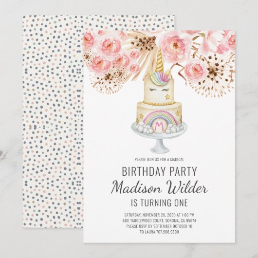 Aquarelle Unicorn Girl First Birthday Invitation (Devant / Derrière)