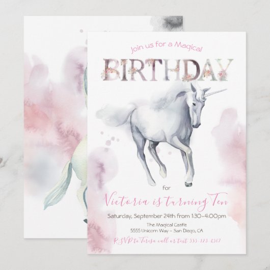 Aquarelle Unicorn Invitation Anniversaire (Devant / Derrière)