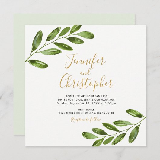 Aquarelle Verdure Carré Mariage Invitations (Devant / Derrière)