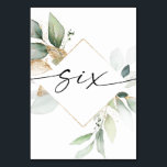 Aquarelle Verdure et or Numéros de table Six<br><div class="desc">Ce modèle de numéro de table présente un agencement élégant de verdure d'eucalyptus et une police de script minimale. Cliquez sur le bouton "Cliquez pour customiser plus loin" pour modifier la couleur du texte de script et la couleur arrière - plan. Voir la collection entière pour plus d'articles correspondants !...</div>