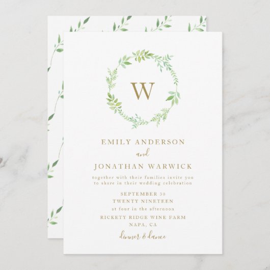 Aquarelle Verdure Faire-part de mariage de couronn (Devant / Derrière)