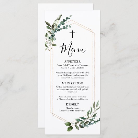 Aquarelle Verdure Gold Cross Baptism Menu (Devant / Derrière)