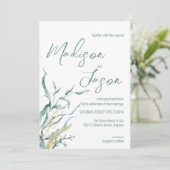Aquarelle Vert algue Plage Mariage Invitations (Debout devant)