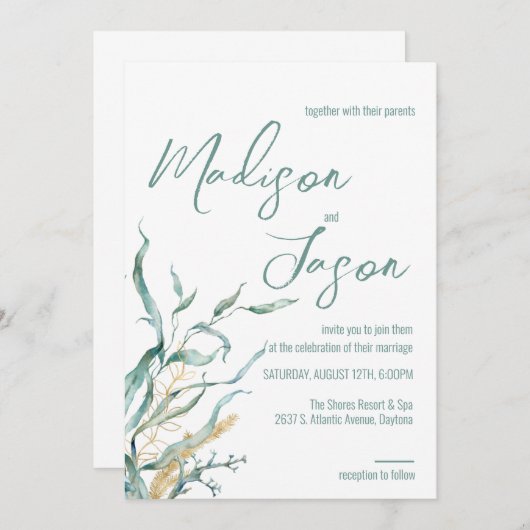 Aquarelle Vert algue Plage Mariage Invitations (Devant / Derrière)
