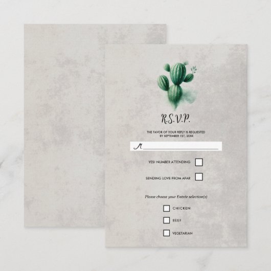 Aquarelle Vert Cactus Gris Réponse Mariage RSVP (Devant / Derrière)