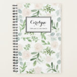 Aquarelle vert et fleurs blanches Motif<br><div class="desc">Écrivez vos plans et votre programme avec ce carnet verdoyant. Il présente des illustrations aquarelles de fleurs blanches,  d'eucalyptus et d'autres feuillages. Personnalisez en ajoutant votre nom ou votre courte phrase. Ce planificateur floral sera parfait comme cadeau personnalisé. Des éléments correspondants sont disponibles.</div>