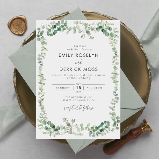 aquarelle vert faire-part de mariage eucalyptus