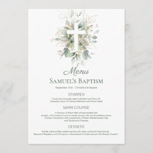 Aquarelle Vert Feuillage Croix Baptême Menu