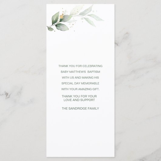 Aquarelle Vert Feuillage Croix Baptême Menu (Dos)