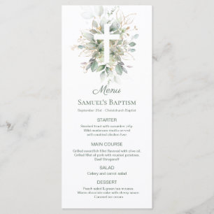 Aquarelle Vert Feuillage Croix Baptême Menu