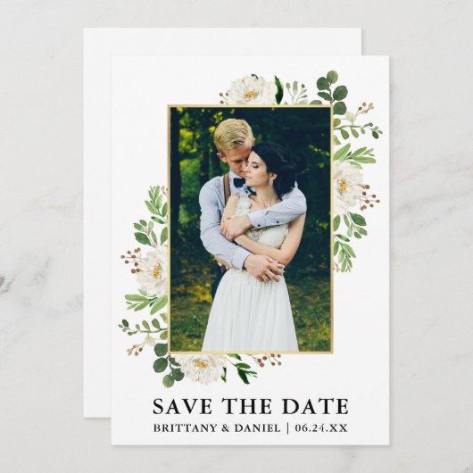 Aquarelle Vert Fleurs Enregistrer La Carte Date (Devant / Derrière)