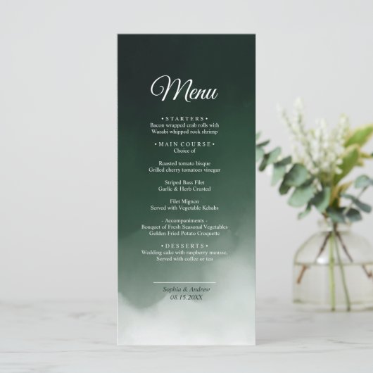 Aquarelle vert foncé Menu Mariage moderne (Debout devant)