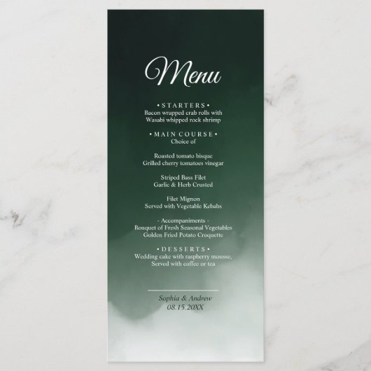 Aquarelle vert foncé Menu Mariage moderne (Devant)