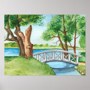 Aquarelle Vert Lac Arbres Poster Imprimer