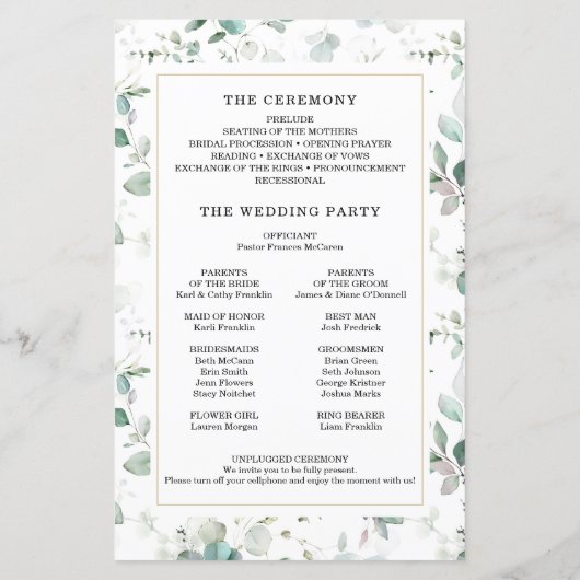 Aquarelle verte avec programme de mariage or (Dos)