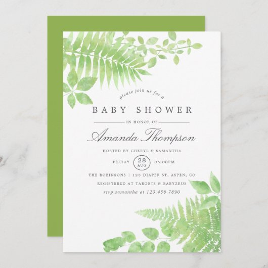 Aquarelle verte Baby shower Invitation (Devant / Derrière)