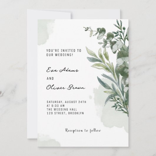 Aquarelle verte blanche Faire-part de mariage flor (Devant)