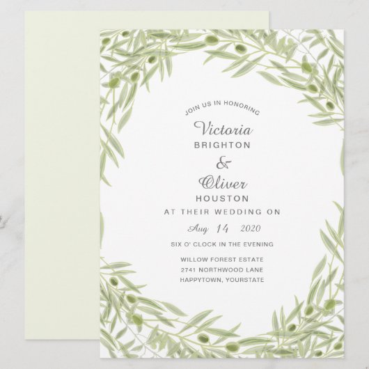 Aquarelle verte Branche d'olive Mariage Invitation (Devant / Derrière)