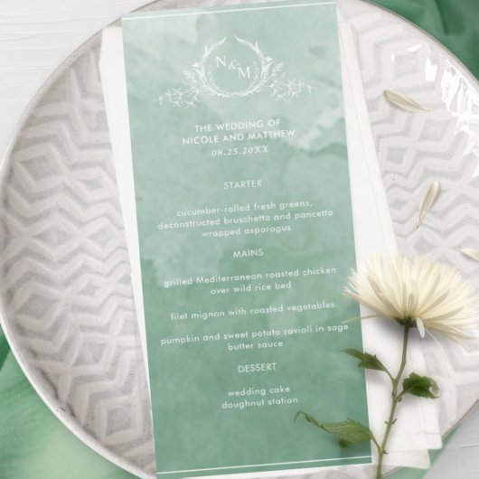 Aquarelle verte chic, menu Mariage Monogram