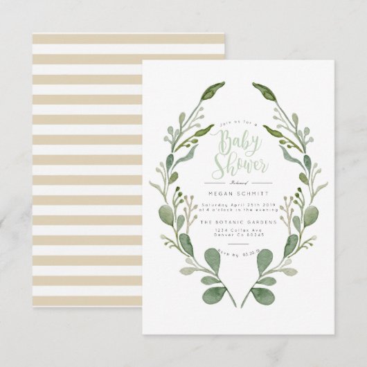 Aquarelle verte de couronne | INVITATION BABY SHOW (Devant / Derrière)