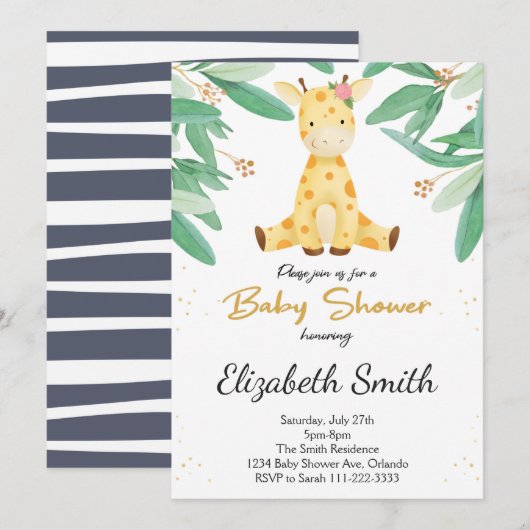 Aquarelle verte Giraffe Baby shower Invitation (Devant / Derrière)