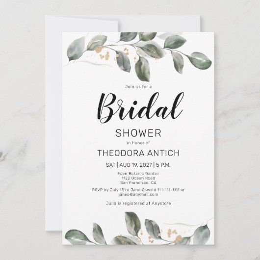 Aquarelle verte Invitation de douche nuptiale (Devant)