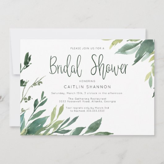 Aquarelle verte Invitation de douche nuptiale (Devant)