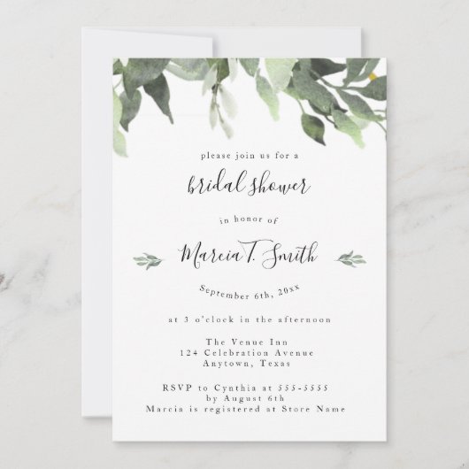 Aquarelle verte Invitations de douche nuptiale (Devant)