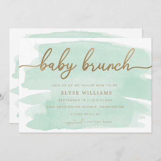 Aquarelle verte Mint Gold Baby Brunch Invitation (Devant / Derrière)