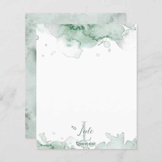 Aquarelle verte Monogramme et nom papeterie (Devant / Derrière)