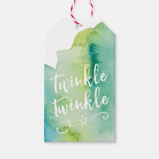 Aquarelle verte Twinkle étiquettes cadeaux de Noël (Devant)