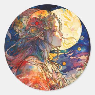 Aquarelle vibrante de Sticker pour fille et lune